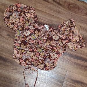 Meraki Floral Puff Sleeve Blouse - Brown and Pink